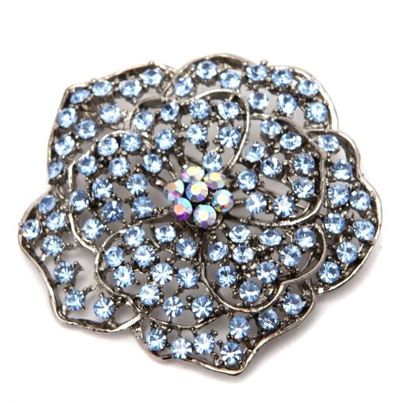 Vintage Blue Crystal Flower Brooch Pendant Pin Metal Silver Iridescent Jewelry - Picture 3 of 7